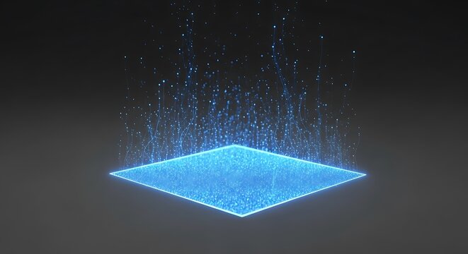 Futuristic Blue Holographic Projection Platform with Digital Particles. - Powered by Adobe