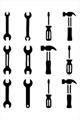 Tools with hammer, screwdrivers, and wrenches shown in a black silhouette over white