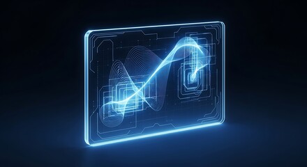 Futuristic Digital Display with Glowing Blue Wave and Circuitry on Dark Background.