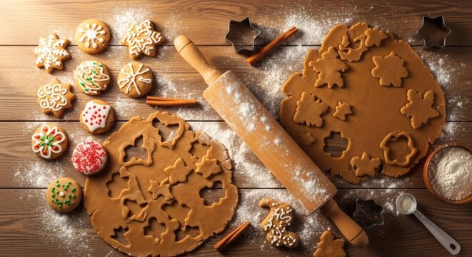 Homemade Christmas Cookies and Baking Ingredients on Rustic Table