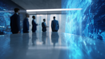 Team of executives in futuristic conference room analyzing holographic data projections, AI-powered assistant showing financial insights, digital walls with global trade analytics,