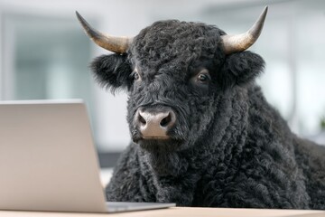 Delighted bull sits human-like in bright room. Cryptocurrency risks today. Crypto trading explained: hope, hype and hidden pitfalls. Morning delight. Crypto finance facts.