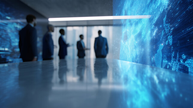 Team of executives in futuristic conference room analyzing holographic data projections, AI-powered assistant showing financial insights, digital walls with global trade analytics,