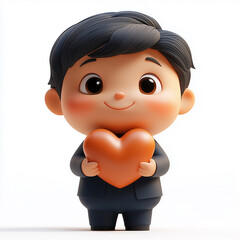 3D character of a man in a dark blue suit stands with a large heart in his hands