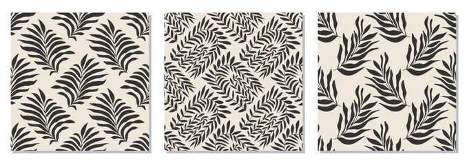 Set of trendy minimalist seamless botanical pattern with abstract creative hand drawn composition in neutral colors ideal for interior design, wallpaper, minimal background, vector illustration