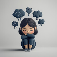 3D character of a young woman sitting on the ground in a curled-up position, hugging her knees