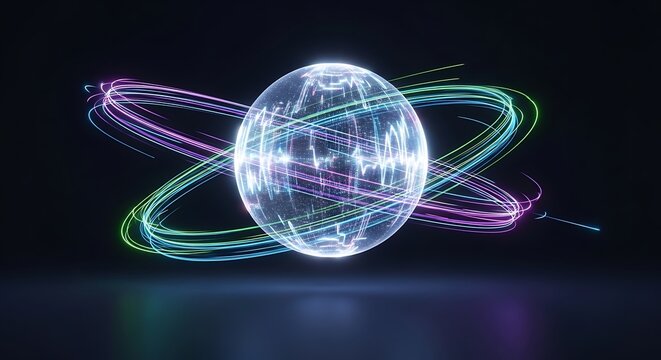 Glowing Sphere with Orbiting Light Trails Representing Quantum Physics and Technology.