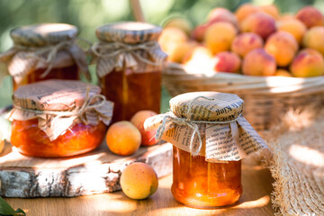 Sweets and fruits. Homemade healthy jelly, apricot jam. Preserving and harvesting in the summer. Preparing jars.