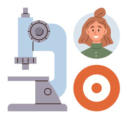 Microscope for scientific research, target symbolizing focus, and smiling woman portrait. Ideal for education, innovation, goals, analysis, discovery laboratory achievement. Simple flat metaphor