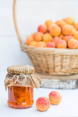 Sweets and fruits. Homemade healthy jelly, apricot jam. Preserving and harvesting in the summer. Preparing jars.