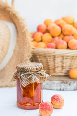 Sweets and fruits. Homemade healthy jelly, apricot jam. Preserving and harvesting in the summer. Preparing jars.