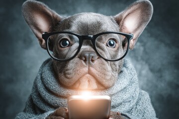 Smartphone surprise: cute dog's morning tech encounter. Connected humans. New transport tech fuels a globally integrated human environment. Dog techy. Dog's tech tale.