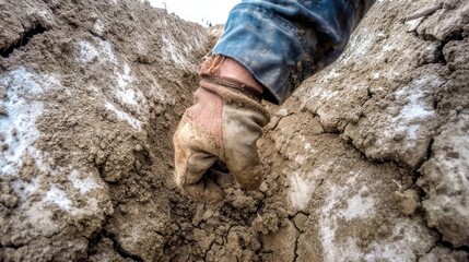 Fototapeta premium Gloved hand in a muddy, cracked trench, working in rough terrain, outdoor, low angle