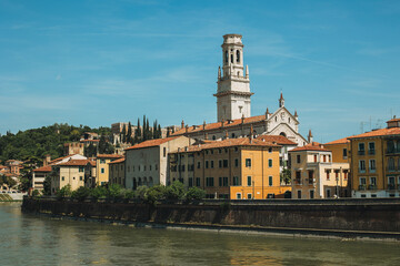 Beautiful cityscape view of Verona old town and Adige river, Italy.