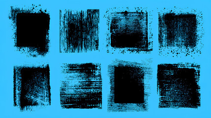 Linocut stamp texture collection. Grunge urban backgrounds set. Rough black ink roller textures. Hand drawn black paint stamp on bright blue bg. Street art distress overlay. Lino ink grungy remains.