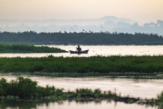 Fisherman in a rowing boat, silhouette, morning mood, Mabamba Swamp, Lake Victoria, Uganda