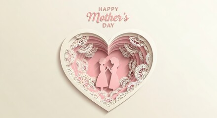 Happy Mothers Day Heart Paper Cut Art with Mother and Child.