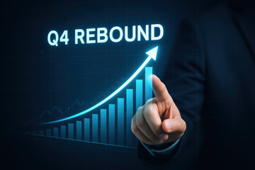 Q4 rebound growth and success show strategic business progress with futuristic digital interface glowing upward