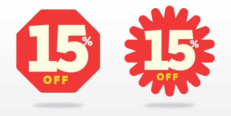 15% off, discount, commerce, banner, offer, sticker, promo, advertising, price, value, sale, purchase, tag, retail, shape. Shop, set, icon, vector, template