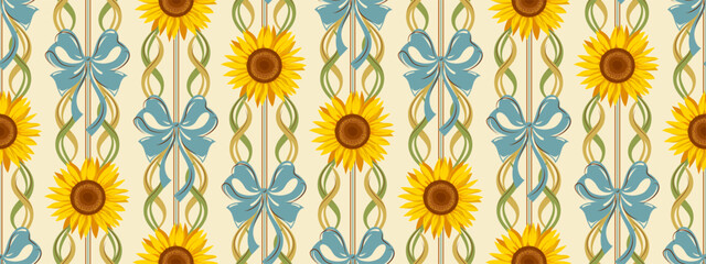 Yellow sunflower seamless pattern with blue bows, curling ribbons or green vines on striped beige background. Vintage decorative nostalgic countryside textile, wallpaper symmetrical design