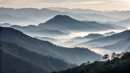 Sunrise over foggy mountain peaks in the morning