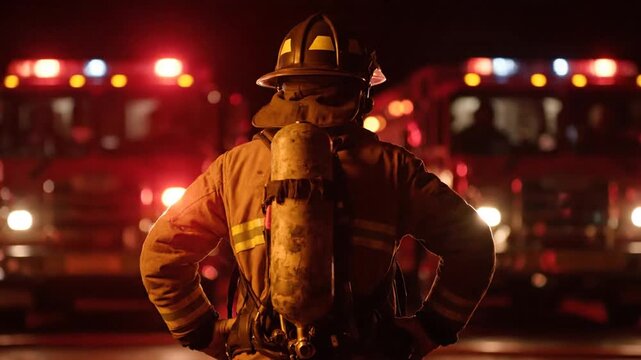 Heroic Firefighter Stands Ready at Night, Silhouetted by Flashing Red Lights of Fire Trucks