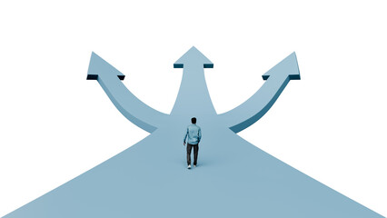 Man walking on path splitting three ways each ending with upward arrows, multiple success paths choice and direction business concept, 3d render