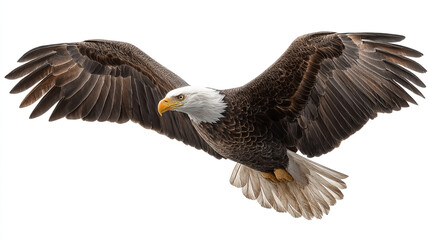 Obraz premium A majestic bald eagle soaring through the sky with its wings fully extended on white background