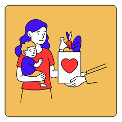 A young mother holding her child receives a food donation bag. Solidarity, charity, and humanitarian aid. Vector style with lines. Bright illustration showing social support. 