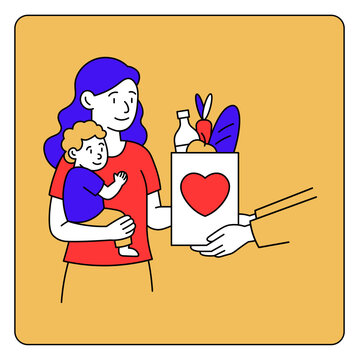 A young mother holding her child receives a food donation bag. Solidarity, charity, and humanitarian aid. Vector style with lines. Bright illustration showing social support. 