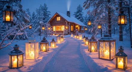 Cozy cabin glows warmly amidst a snowy forest path illuminated by lantern light