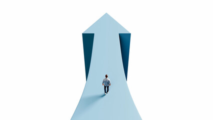 Man walking on upward forward arrow path to success achievement progress growth and business victory corporate concept, 3d render