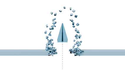 Paper plane breaking through barrier wall with chunks flying, breakthrough innovation success and obstacle destruction business concept, 3d render