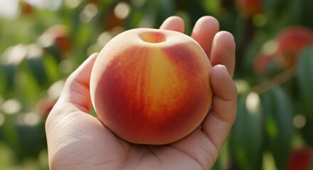 Peach In Hand Food Photography, Realistic Human Hand Holding Fresh Ripe Peach With Soft Natural Light And Blurred Orchard Background JPG