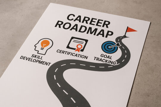 Career roadmap illustrates skill development certification goal tracking and professional growth planning