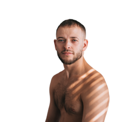 Serene man, bare-chested, with shadow stripes on transparent background