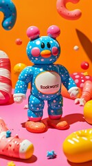 Colorful toy figure amidst playful candy-like decorations.