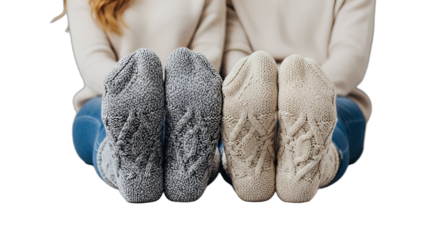 Cozy couple's feet in warm cable knit socks, ideal for winter lifestyle blogs, holiday gift guides, or hygge-themed promotions. Perfect for fashion retail, home comfort, and seasonal marketing.