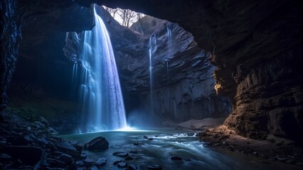 Beautiful waterfall flowing inside a rocky cave surrounded by nature