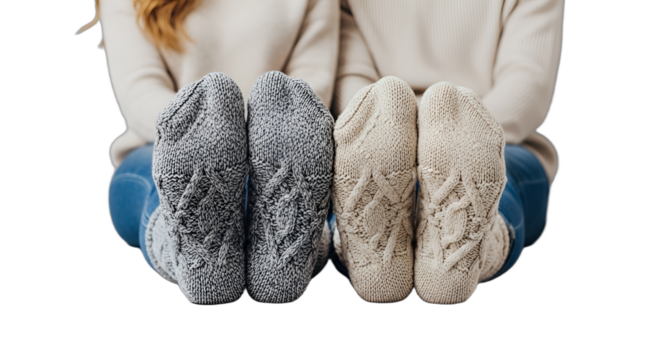 Cozy couple's feet in warm cable knit socks, ideal for winter lifestyle blogs, holiday gift guides, or hygge-themed promotions. Perfect for fashion retail, home comfort, and seasonal marketing. - Powered by Adobe