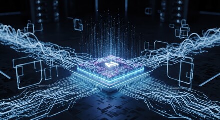Data technology connection and digital innovation bring futuristic microchip and processor system to life