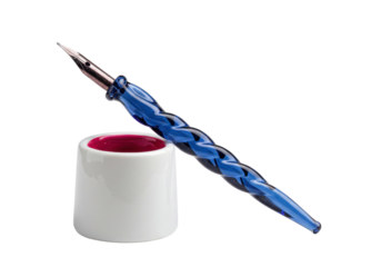 Isolated glass dip pen with inkwell shows elegant writing tool for calligraphy artist