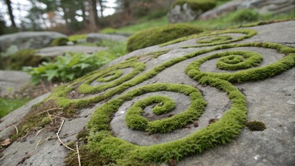 Stone path winding through a lush garden maze with rice fields and terraced greenery in a peaceful Asian landscape