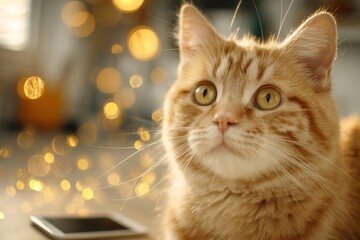 Sunlit room: cat grips phone in paws. Stats for strategy. The growing role of statistics in personal growth and social understanding. Personal data use. Smart planning tools.