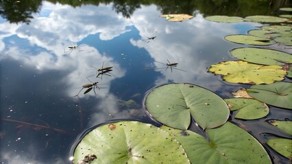 Water lilies blooming on a serene pond in a lush garden with reflections of trees and sky