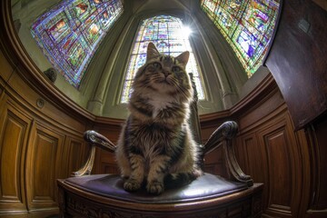 A majestic cat's throne: sunlit grace in a grand castle. Modern
