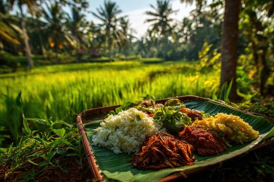 Indonesian rice meal with rice field background