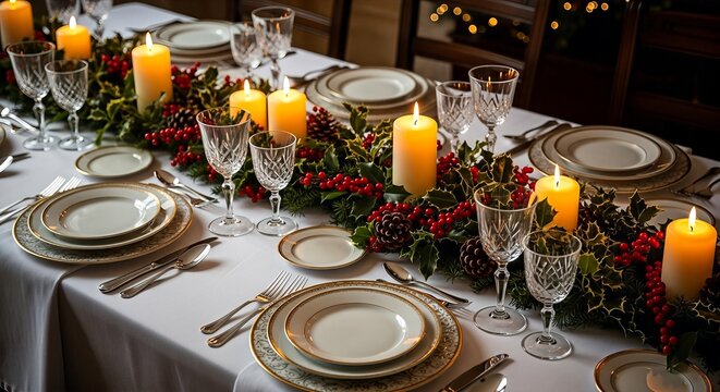 Elegantly set dining table with festive Christmas garland, red berries, and lit candles for a holiday dinner.