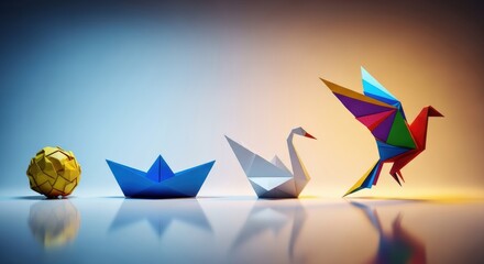 Creativity transformation and progress inspire beautiful origami art showing dynamic colorful bird flight and handmade design