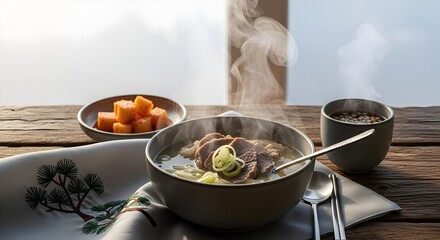 Winter Morning Gomtang by Window with Steam Rising and Rustic Table Setting (Korean Cuisine)